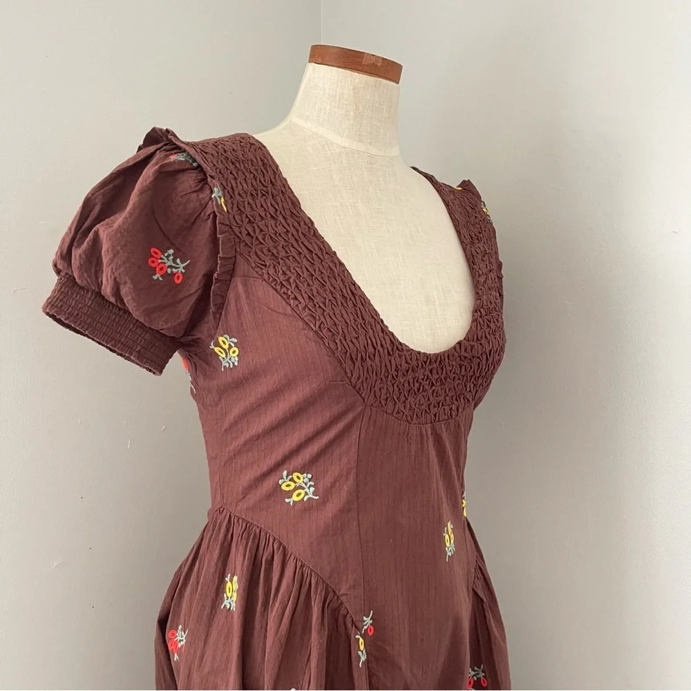 Prairie Core Free People Brown Maisie midi dress NWOT size Small embroidered